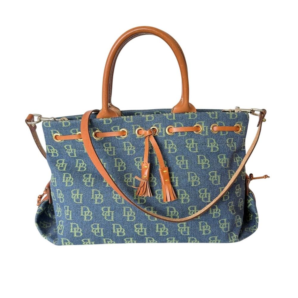 Dooney & Bourke Denim DB Monogram Drawstring Tote Shoulder Bag Leather T